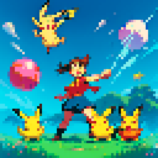 pixel art, sRGB, animated style, pebble being thrown at pikachu
