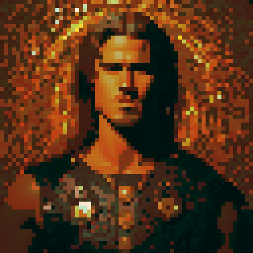 8-bit style portrait with vibrant, retro colors, showcasing a pixelated character in a dynamic pose against a black background, reminiscent of classic video games