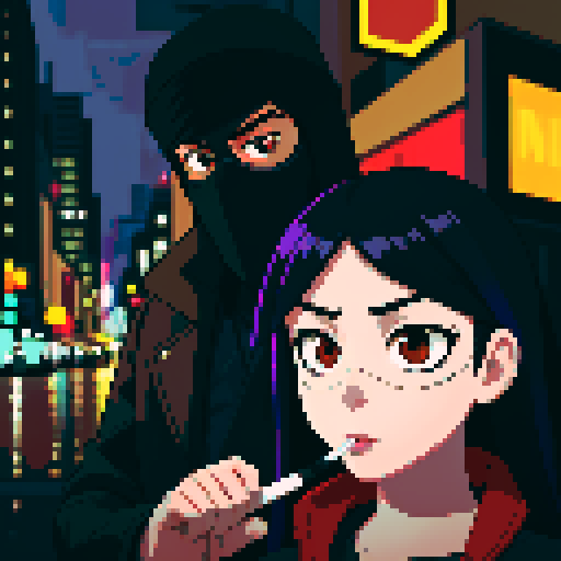 Girl on the right smoking a cigarette, guy on the left holding a gun with a black mask covering his face, gritty, rainy, nighttime, downtown