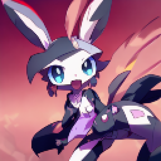 Bunny, big-eyed and kawaii, brandishing a sleek and shiny handgun, set against a vibrant, color-saturated anime background.