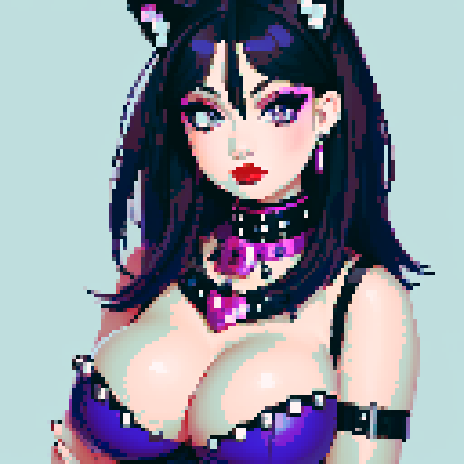 curvy, cute goth cat girl face, black hair, purple eyeshadow, red lipstick, studded leather, face portrait, glamour shot, vibrant sRGB colors, pixel art