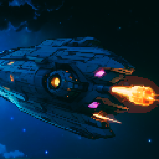 spaceship with sleek metallic exterior, glowing engine fires, starry backdrop, vibrant pixel art, sRGB colors