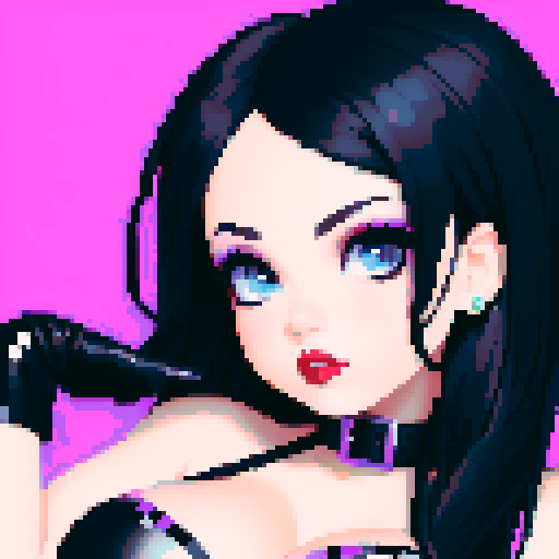curvy, busty goth girl, whole head portrait, face portrait, close up, leather bikini, modern tile backsplash, vivid colors, pixel art, sRGB