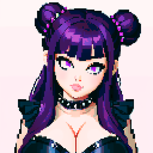 Pretty Face Portrait of Thicc, curvy, busty goth babe with studded collar, long purple hair in buns, fishnet stockings, studded halter top. pixel art, sRGB.