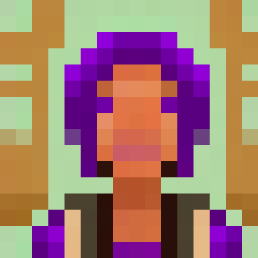 elderly native American woman with purple hair in short braids, and a soft smile
