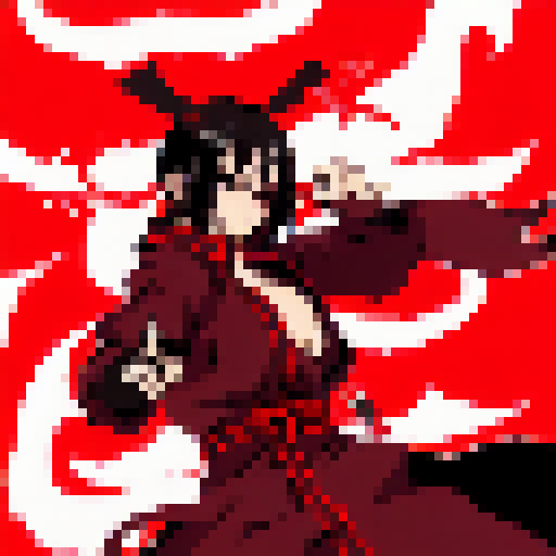 Rogue assassin and demon slayer, adorned in red and black garb, fiercely battle amidst a Yo-Hokki Style world of swirling smoke and sharp-edged shadows.