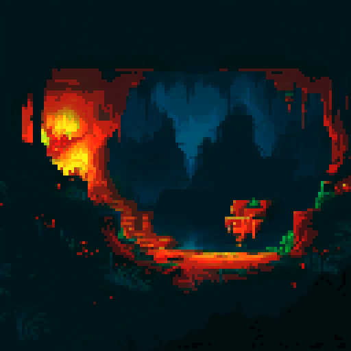 A dark cavern scene with dark stone Stalagmites and Stalactites, glowing red eyes peering from the darkness in the background, and golden treasure and loot scattered across the floor shining