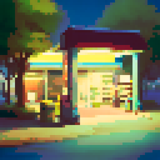 gas station exterior at midnight, illuminated by fluorescent lights, capturing the stillness and solitude, with a touch of mystery