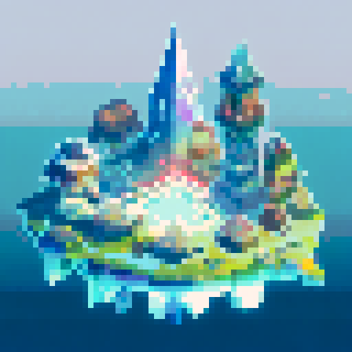 technological Aztec Style Ziggurat, shimmering in neon hues, surrounded by frozen waters reflecting the pixel art skyline