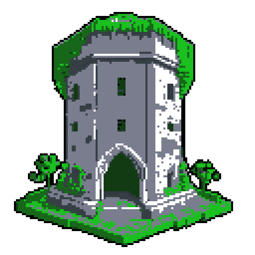 2d grey stone scientific facility in an ancient english style. Old and crumbling but still upright. Green vines crisscross it. Usable as an asset (clear, thick lines and a white background). Put a black stroke around the composition