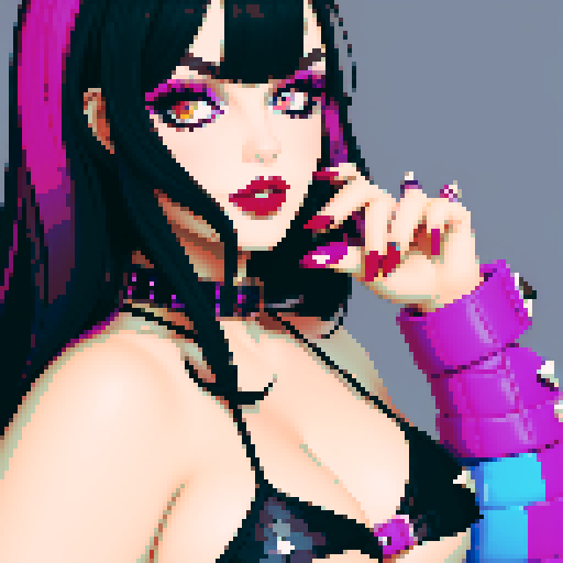 
curvy, cute goth woman's face, black hair, purple eyeshadow, red lipstick, studded leather straps, bikini, face portrait, beauty photo, vibrant sRGB colors.