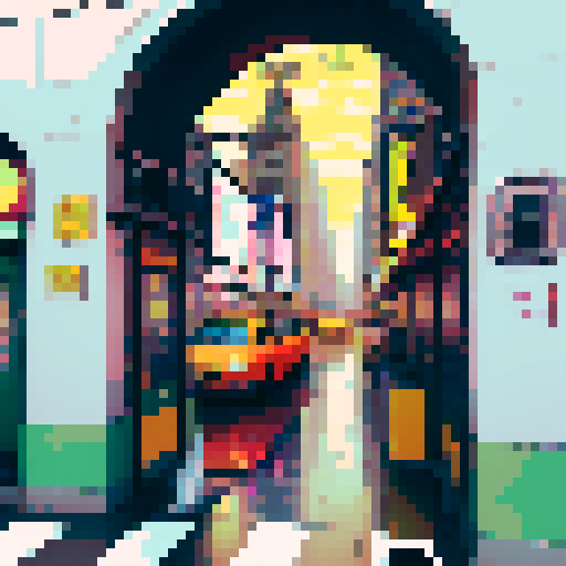 New York City skyline, towering skyscrapers, vibrant colors, retro aesthetics, bustling crowds, neon lights, graffiti-covered walls, vintage cars, steam rising from manhole covers, rain-soaked streets, reflections in puddles, subway trains, Central Park in autumn, hot dog stands, street performers, fire escapes, Brooklyn Bridge at sunset, art deco architecture, steam rising from subway grates, yellow taxis, Times Square, pixel art, sRGB