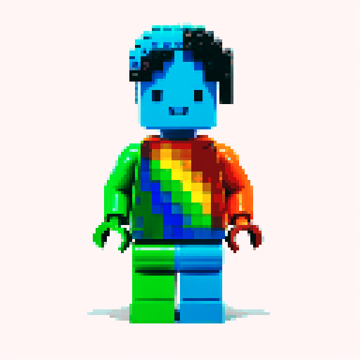 rainbow color lego pixel, vibrant colors, blocky shapes, small plastic bricks, isometric perspective, retro video game, low resolution, 8-bit graphics, sharp edges, square grid, limited color palette, nostalgic feel, brick-built characters, iconic lego logo, digital recreation, detailed textures, crisp lines, simplified forms, nostalgic gaming vibes