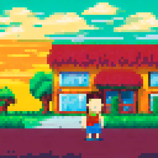 Boy with green shirt and brown shorts, standing in front of a vibrant orange and yellow pixel art landscape, holding up a sign that reads "Affiliate Marketing" in bold white letters against a sRGB background