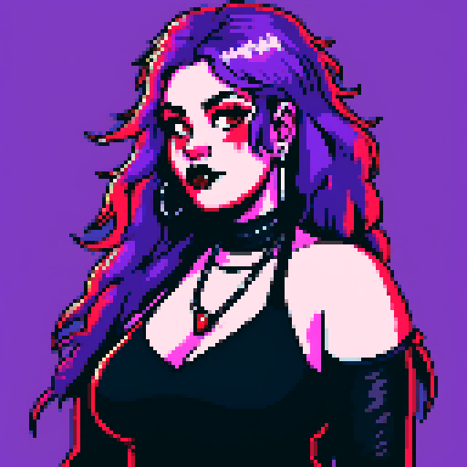Plus size busty goth girl, with long purple hair, eyeliner, red lipstick. wearing a halter top and spiked collar. Posing for a up close face portrait. vibrant sRGB colors, pixel art, edgy aesthetic