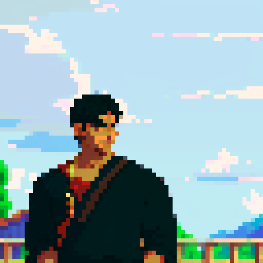 Indian boy with a slightly pointed chin and a warm, friendly smile, warm and medium-tan complexion, large and dark brown eyes with long, dark eyelashes, thick and dark brown eyebrows with a slight arch, medium-sized and slightly rounded nose, wide and expressive mouth with slightly upturned corners, short and black hair with a slight wave, character portrait, close up, anime style, pixel art