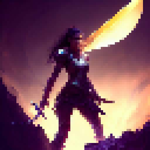 A fierce warrior woman, wielding a glowing sword, emerges victorious from a crumbling, dark fortress, leaving behind the chains of her emotional scars and the light of freedom shining down on her.