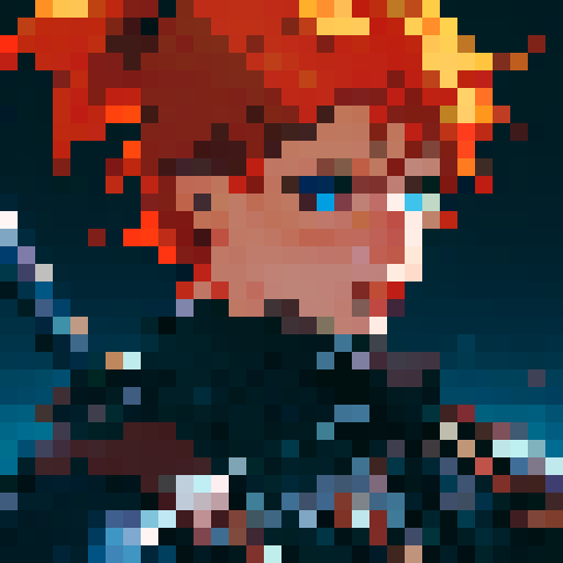 a male character with orange hair, blue eyes , job class warrior, wearing leather armer and holding sword , idlestate, facing front