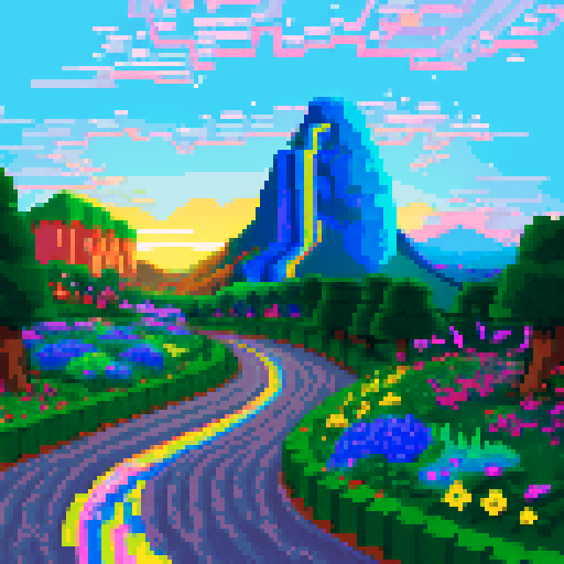 long winding pathway, vibrant colors, retro video game aesthetic, isometric perspective, lush greenery, charming pixelated flowers, shimmering waterfall, towering mountains, dramatic sunset sky, nostalgic 8-bit style