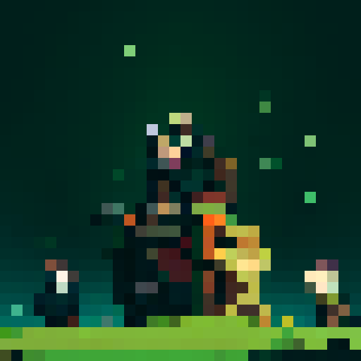 anthropomorphic raccoon with black and forest green fur, adventurers garb, throne made of treasure and money, dollar bills raining down, sRGB, pixel art