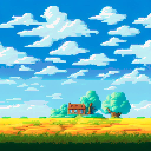 A horizontal landscape of a flat terrain of dirt with grass on top. On top of the terrain is a cottage and a windmill building. There are clouds in the sky and it is daytime.