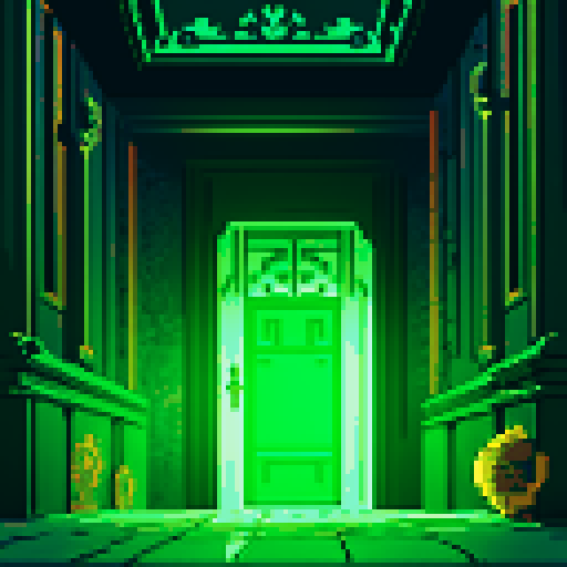 close-up shot, many doors showing, passageway, diffuse light at end, sRGB, pixel art