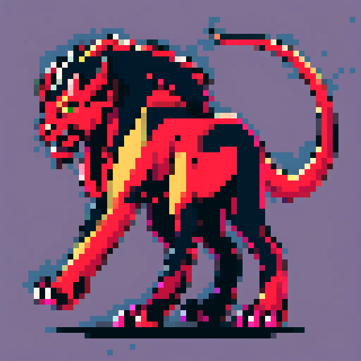 Dark, fierce, and stunning, a chimera with a blend of black and red, depicted in pixel art with vibrant sRGB colors