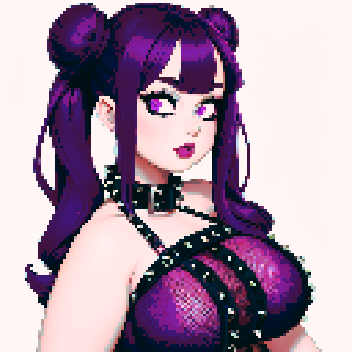 Nude portrait of thicc, curvy, and busty goth babe with studded collar, long purple hair in buns, fishnet stockings, studded halter top, sRGB color