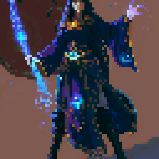 female wizard, long flowing robes, glowing staff, arcane symbols, casting spell, swirling vortex, colorful magic, fantastical landscape, ethereal realm, classic fantasy RPG, pixel art, sRGB