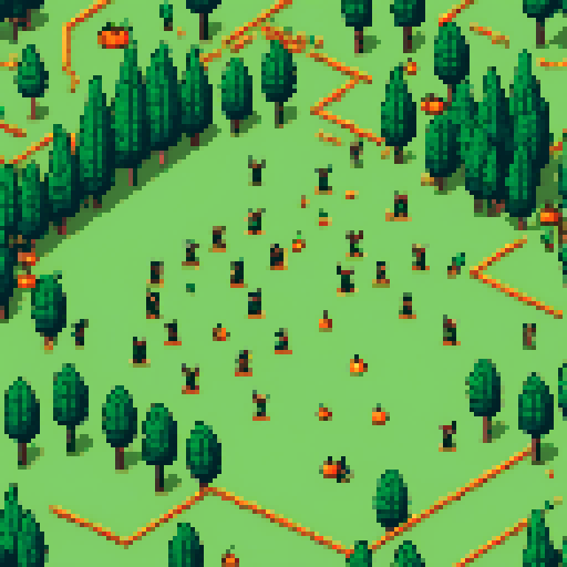 An archery field with multiple archers shooting at pumpkin targets