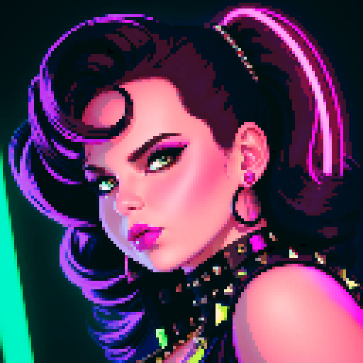curvy, busty 1980s rocker babe with studded collar. Portrait of head, in a close up glamour shot. Neon lighting, modern tile backsplash.