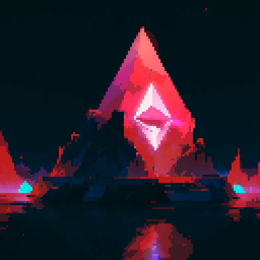 Ethereum logo, vibrant colors, geometric shapes, retro, 8-bit, blocky, low resolution, pixelated, digital, abstract, symmetrical, clean lines, sharp edges, dynamic, popping, eye-catching, neon hues