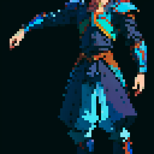 Xenogears-inspired male character, pixel art sprite, vibrant colors, detailed armor, neutral pose, neutral facial expression, sRGB palette