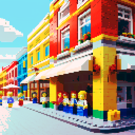 In front of the Lego store in the summer evening