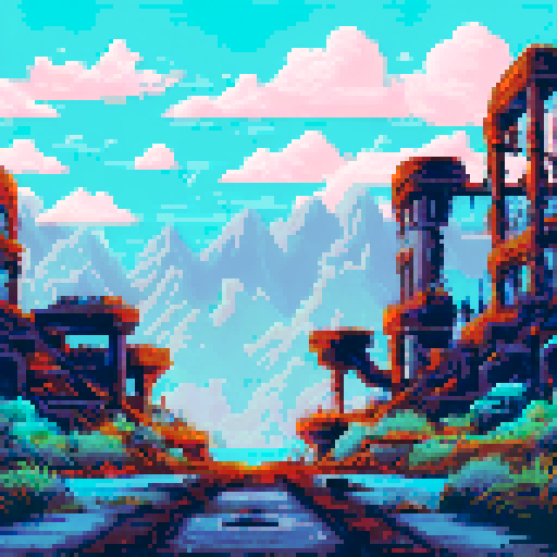 Futuristic post-apocalyptic level design with ancient ruins and advanced tech. Decayed metallic structures, broken machinery, overgrown plants, and glowing neon accents in Cyan (#00FFFF) and Purple (#8A2BE2). Dark gray and rusted metal textures dominate the environment. Use vibrant electric colors for technology remnants. Shadows and lighting create contrast for depth. Include broken walls, pipes, and floating platforms, with hints of distant, destroyed cities or landscapes in the background