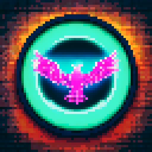 Futuristic, robotic eagle head, hovering above a neon-lit cityscape, emblazoned on a circular, metallic badge
