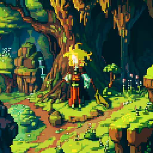 character, cave overgrown with leafs and trees, spiders, sword, sRGB, pixel art