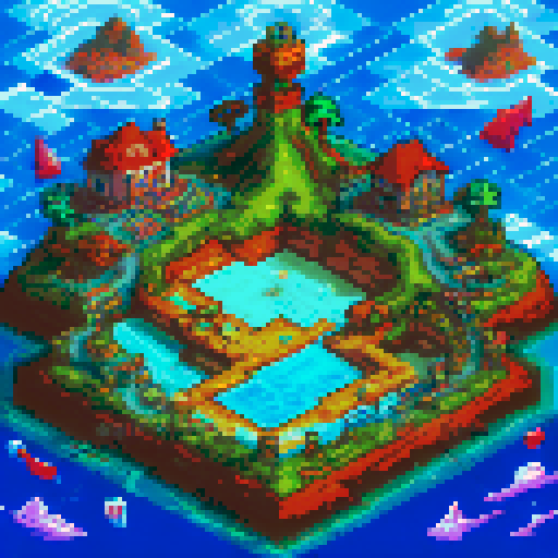 Island port town with bustling fish markets, narrow cobblestone streets, and quaint two-story homes pixel art with a focus on the vibrant ocean backdrop and bustling market activity. Make sure its a usable tile set that I can prepare to perfect and finetune to use in my upcoming rpg game. put the camera view from above like a real jrpg game from the 90s