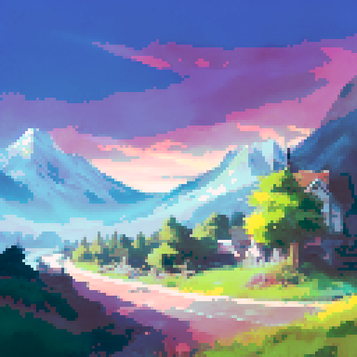 mountain view with vibrant fall leaves, majestic castle in the distance, serene blue sky adorned with soft pink clouds, and a captivating sunset, all beautifully captured in a landscape portrait style