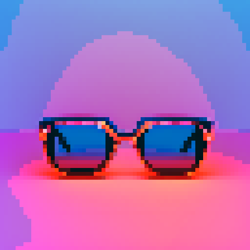 Neon pink and blue sunglasses with pixelated frames and a retro design, reflecting the city skyline at night, neutral perspective, medium shot