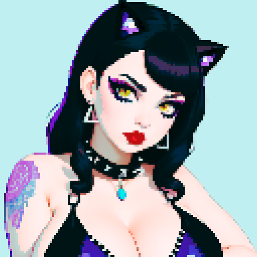 Cat girl, curvy, cute goth woman with black hair, purple eyeshadow, and red lipstick, wearing a bikini, studded collar, portrait, face avatar, in a glamour shot, sRGB color
