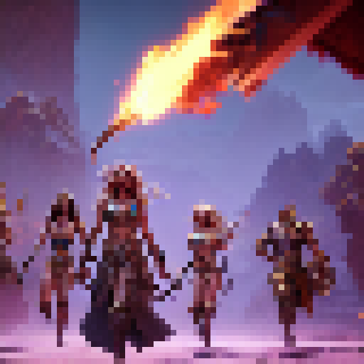 Bikini-clad warrior women, swords and shields in hand, fiercely charge towards mystical glowing ruins in a fantasy RPG world.