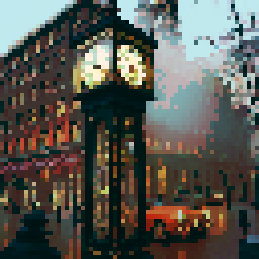 steam clock tower, vintage, retro, steampunk, Victorian, ornate, intricate, gears, brass, copper, clock face, Roman numerals, chiming, steam-powered, towering, mechanical, detailed, pixelated, vibrant colors, sRGB