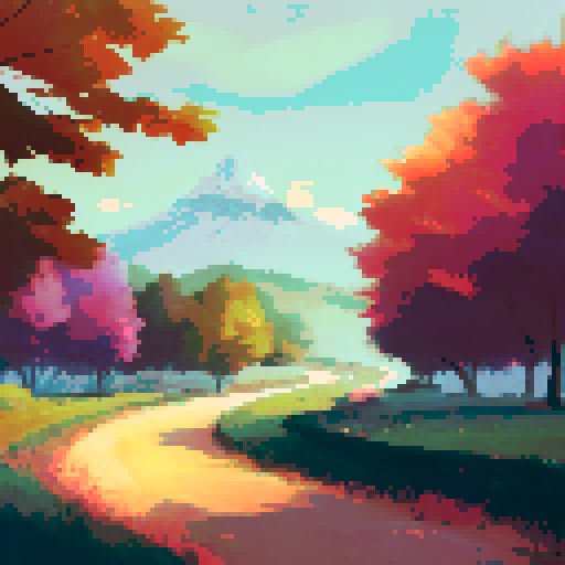 mountain view with vibrant fall leaves, majestic castle in the distance, serene blue sky adorned with soft pink clouds, and a captivating sunset, all beautifully captured in a landscape portrait style