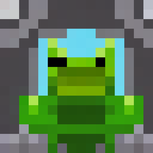 Green, chubby, smiling frog with bulging eyes and a round belly, sitting on a lily pad against a blue background, rendered in pixel art style with a close up portrait framing, perfect for a game icon or a 16x16 badge