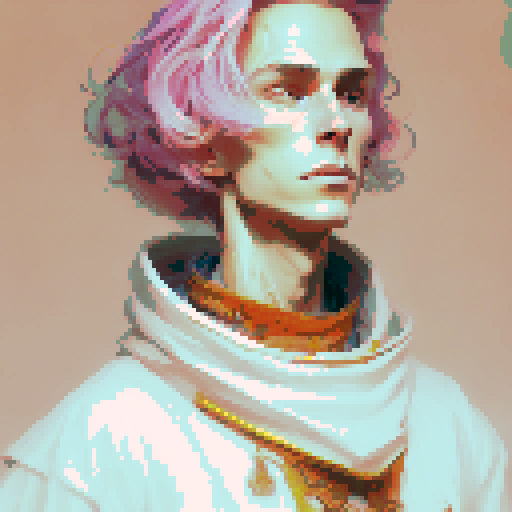 red headed male wizard with regal white robes, adorned with astrological symbols, in a pixel art style with vibrant sRGB colors