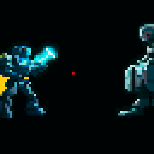 Two futuristic robots battling in a post-apocalyptic wasteland, one with a laser cannon arm and the other with a shield and sword, against a backdrop of crumbling skyscrapers and swirling toxic clouds