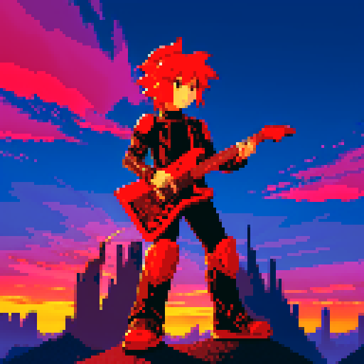 rock guitarist, dragon rider, fiery sky, futuristic city, guitar sword, pixel art, sRGB