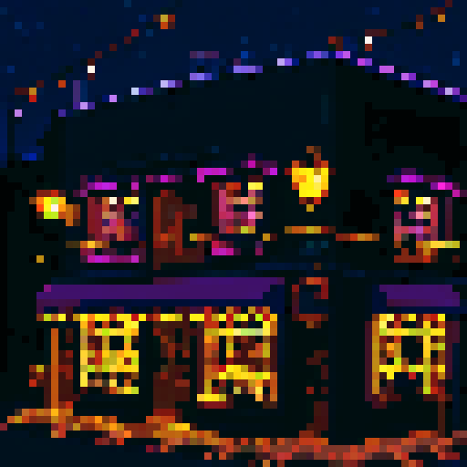 city, exterior of a bar, street light, night time, nocturne, black, dark purple, brown, gold, pixel art style, sRGB Cozy Character 4 images