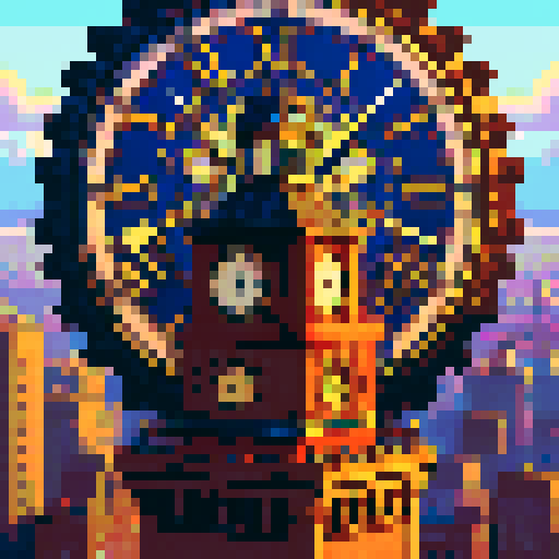 steam clock tower, towering above the bustling city with intricate gears and valves, emitting plumes of steam against a vibrant pixelated backdrop, showcasing the vivid colors of the sRGB spectrum